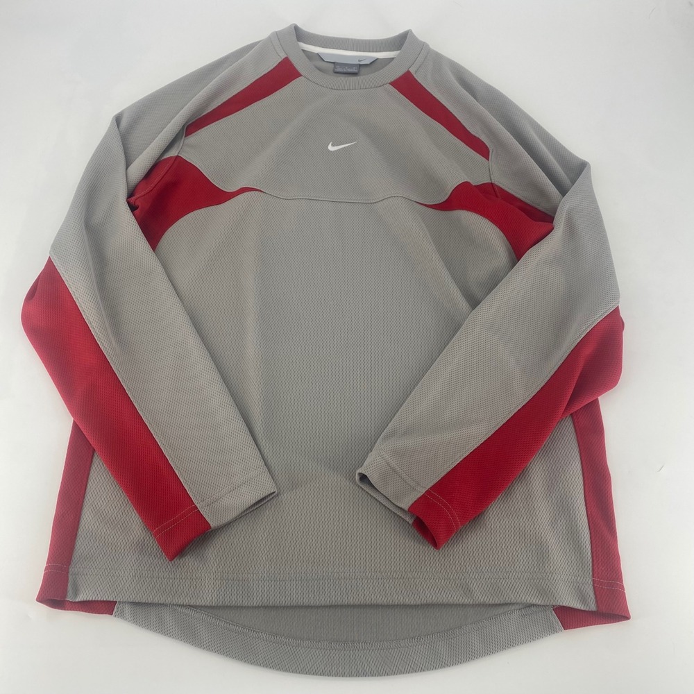 Nike Mens Long Sleeve Performance Shirt Grey Red Mesh Training Top Size M